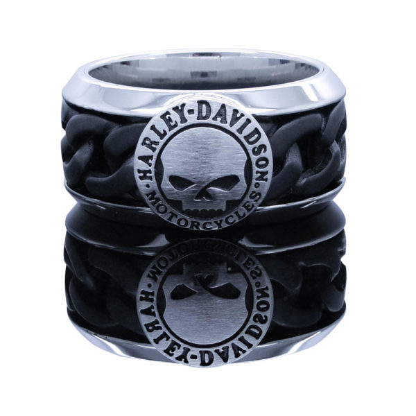 Bague chaîne en acier noir Skull