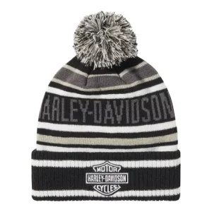 Bonnet Harley-Davidson à rayures et pompon blanc/noir