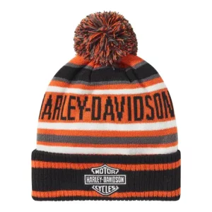 Bonnet Harley-Davidson à rayures et pompon orange/noir