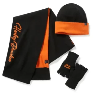 ENSEMBLE BONNET ECHARPE MITAINE NOIR ET ORANGE