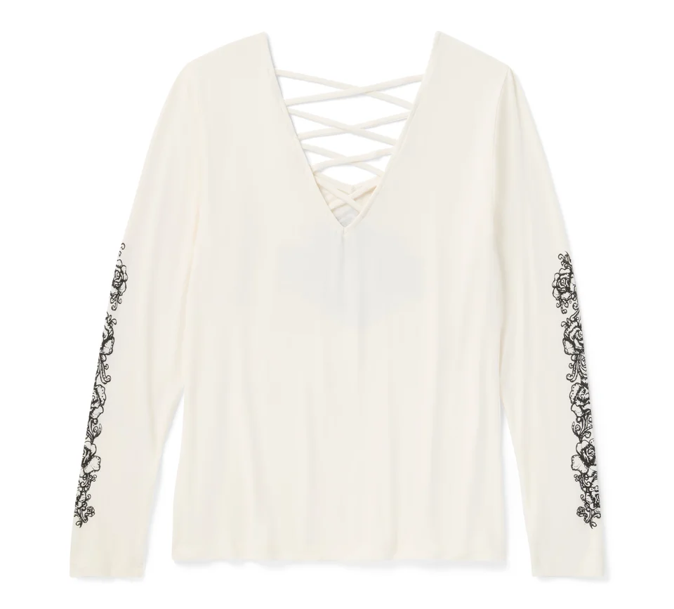 T-shirt à manches longues Bling Chrome & Roses à col en V et dos lacé - Cloud Dancer – Image 2