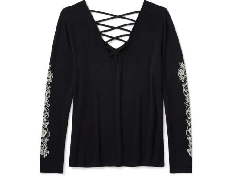 T-shirt à manches longues Bling Chrome & Roses à col en V et dos lacé – Image 2