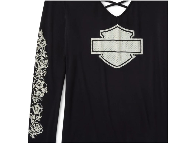 T-shirt à manches longues Bling Chrome & Roses à col en V et dos lacé – Image 3