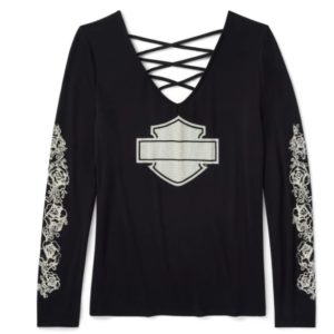 T-shirt à manches longues Bling Chrome & Roses à col en V et dos lacé