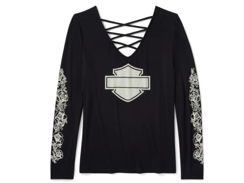 T-shirt à manches longues Bling Chrome & Roses à col en V et dos lacé