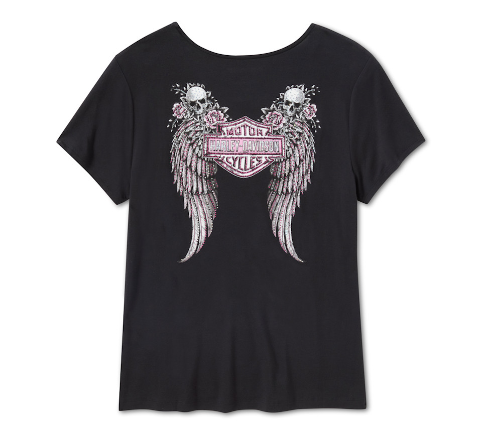 T-shirt Bling Angel Wings à manches courtes et laçage sur le devant pour femmes - Harley Black – Image 2