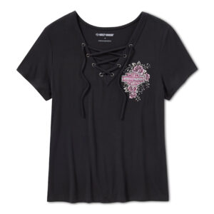 T-shirt Bling Angel Wings à manches courtes et laçage sur le devant pour femmes - Harley Black