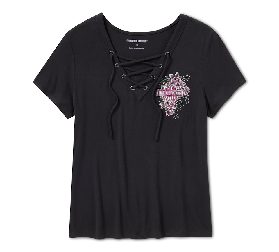 T-shirt Bling Angel Wings à manches courtes et laçage sur le devant pour femmes - Harley Black