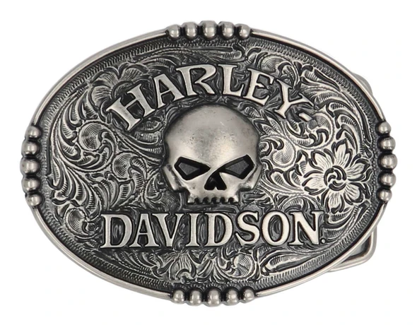 Boucle de ceinture Harley-Davidson®, logo tête de mort Willie G en relief