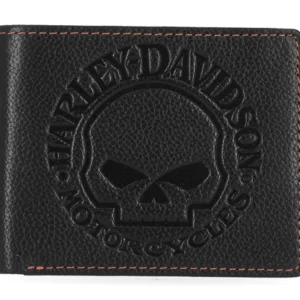 Portefeuille Harley-Davidson®, modèle Skull en cuir véritable grainé noir.