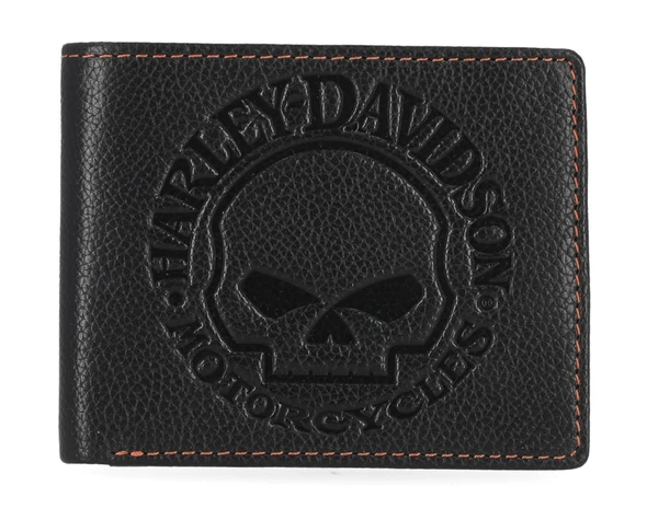 Portefeuille Harley-Davidson®, modèle Skull en cuir véritable grainé noir.