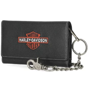 Portefeuille en cuir noir à chaîne, orné du logo Harley-Davidson Bar & Shield