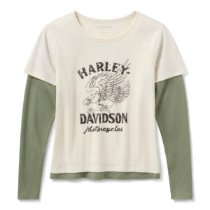 Tee-shirt manches longues bicolore Harley-Davidson American Classic pour femme - blanc cassé/vert