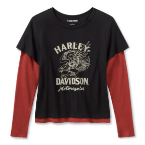 Tee-shirt manches longues bicolore Harley-Davidson American Classic pour femme - Noir Harley et Rouge Grange
