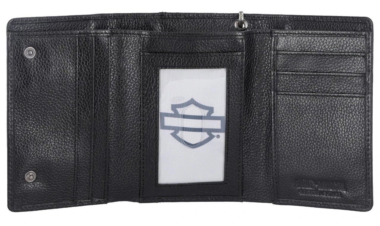 Portefeuille en cuir noir à trois volets avec chaîne – Image 2
